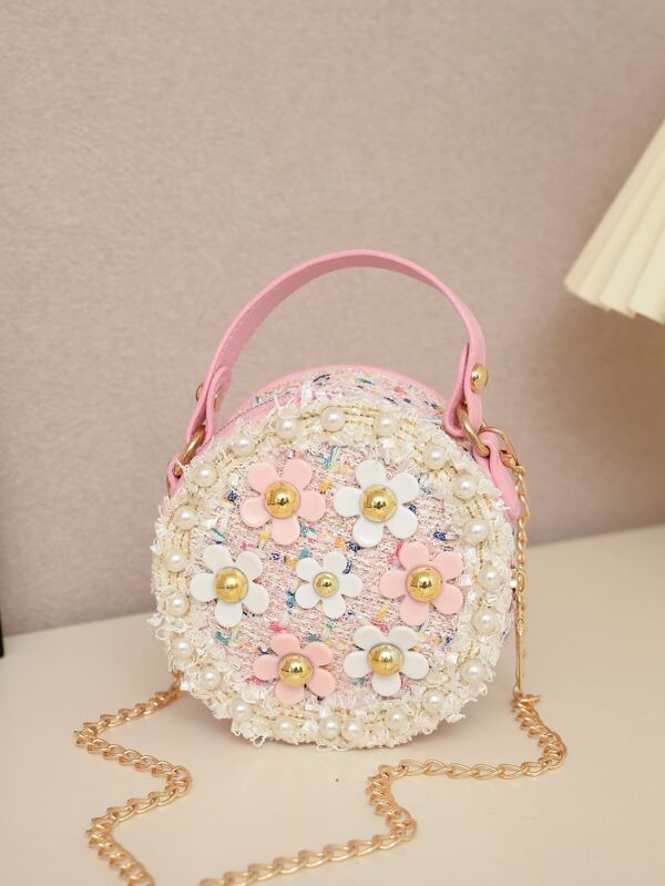 1pc Kids Girls Floral Cute One Shoulder Backpack With Zipper Closure, Mini Round Crossbody Bag