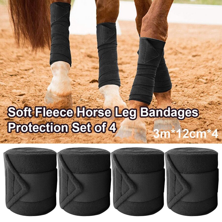 4pcs Black Thermal Lined Leg Wraps For Horses, Double-Sided Protective Bandages - Black - View 1