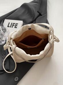 时尚简约小方形 PU 皮包，百搭休闲单肩包/斜挎包，面料舒适，磁性闭合，可调节可拆卸肩带，充足的存储空间，2025 年新款时尚水桶包设计 - 米色 - 查看 5