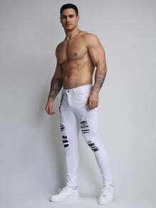 Logeqi® Men Men's Jeans With Large Rips And Patches - 白色 - 查看 6