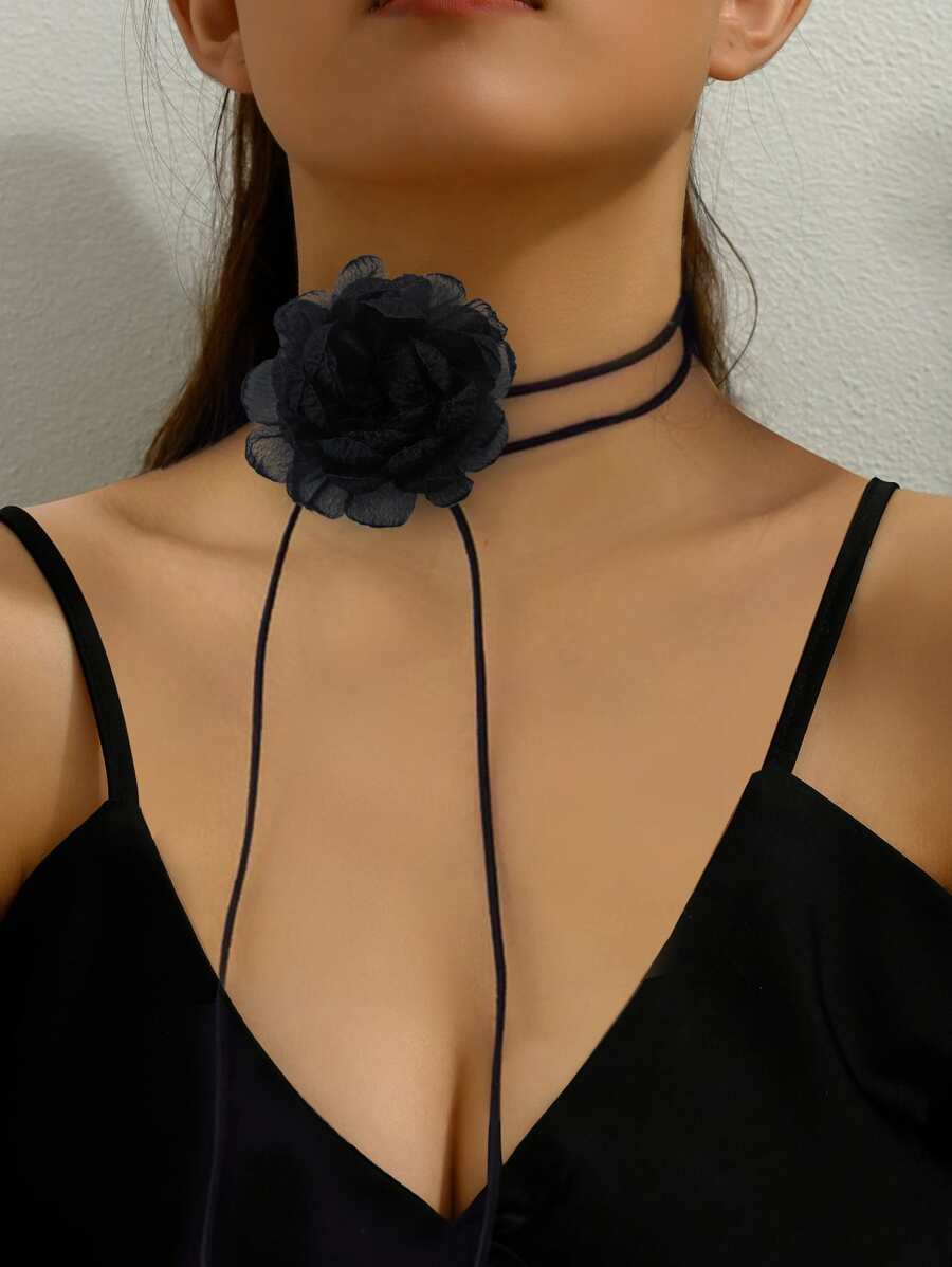 1 Miếng Đen Nhà thiết kế Vải Hoa lụa Vòng cổ Dây chuyền Đối với phụ nữ , Cá nhân hóa Linh hoạt Buộc Hoa hồng Khóa Khúc xương Chuỗi Cái cổ Đồ trang trí - màu đen - Xem 1
