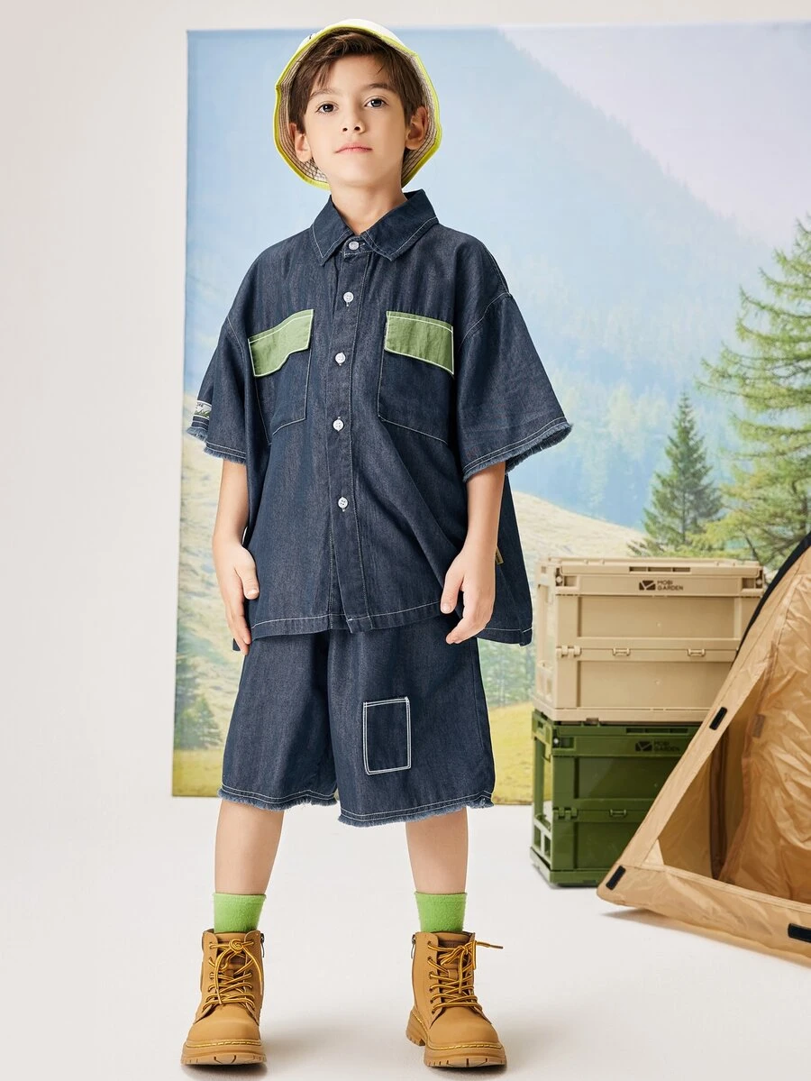 TIGER MINI 男孩翻蓋口袋落肩袖襯衫&短褲