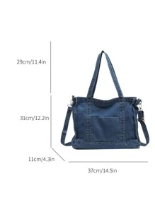 low tea Solid Color Denim Portable Zipper Closure Fashion Tote Bag Suitable For Daily Use. Can Be Used As A Women's Handbag, Denim Tote, Shoulder Bag, Crossbody Bag, Or Purse. Suitable For School, Office, And Travel. - Baby Blue - View 3