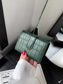 女士绿色 PU 皮革钱包，卵石纹理，多个卡槽，硬币袋，时尚便携式短款钱包，按扣开合，三折迷你硬币礼品，鳄鱼皮女士钱包，钱包，小钱包 - 綠色 - 查看 2