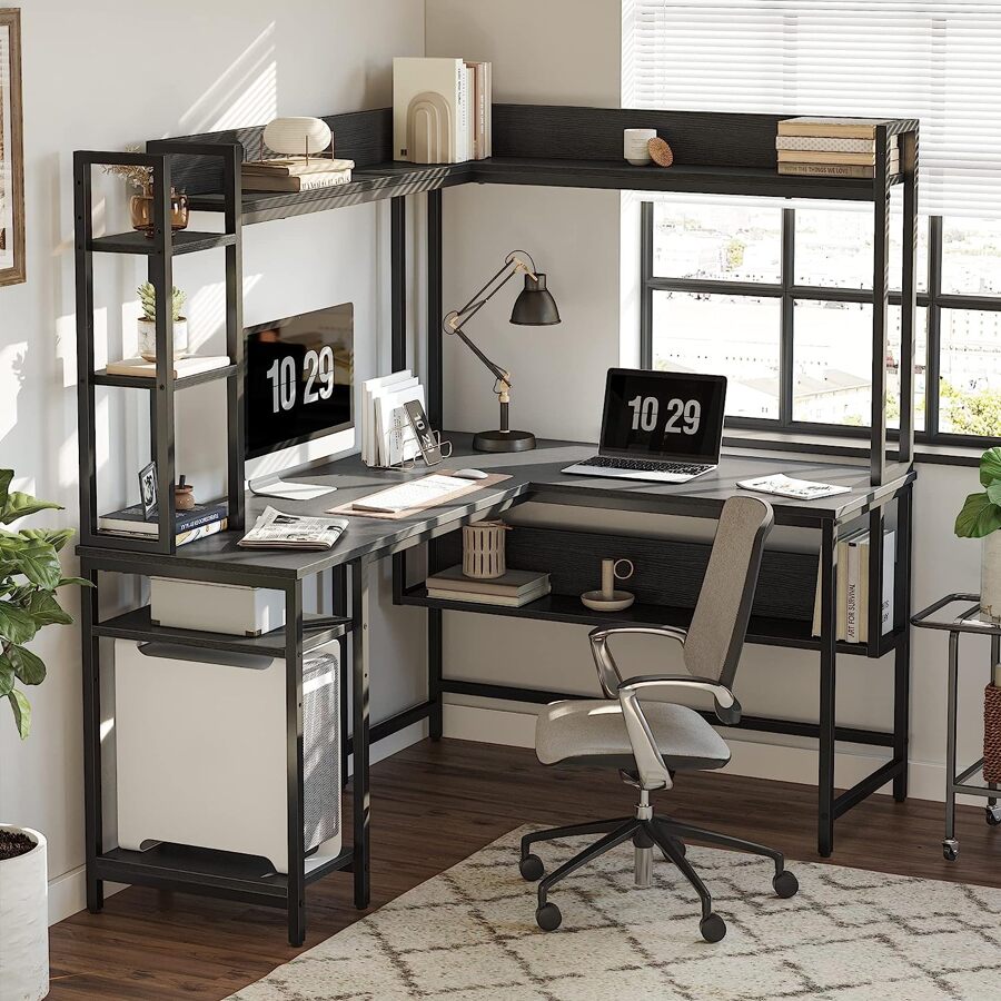 L-Shaped Desk with Hutch, 60" Corner Computer Desk, Large Home Office Desk with Bookshelf and Storage Shelves, Space-Saving - màu đen - Xem 1