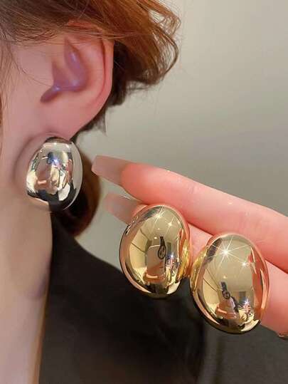 1雙時尚歐美風格水潤光澤誇張橢圓形3D銅耳環適合女士