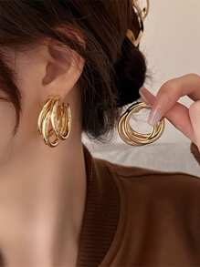 1雙簡約風奢華不銹鋼18K金鍍金3線鏤空圓耳環合適的適用於女性日常穿著 - 金黃色 - 查看 2