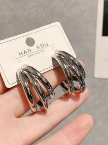 1雙簡約風奢華不銹鋼18K金鍍金3線鏤空圓耳環合適的適用於女性日常穿著 - 金黃色 - 查看 6