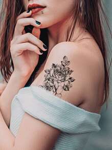 1 Hoja De Pegatinas De Tatuajes Con Diseño De Flores Para Brazo, Tatuajes Temporarios Para Mujeres Para Fiestas, Festivales Y Viajes, Tatuaje Falso De Flora A Prueba De Agua - Negro - Ver 2