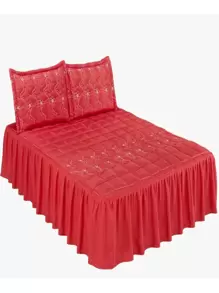 Colcha Casal 3 Peças Bordada Cobre Leito Com Babado Varias Cores - Vermelho - Visão 1