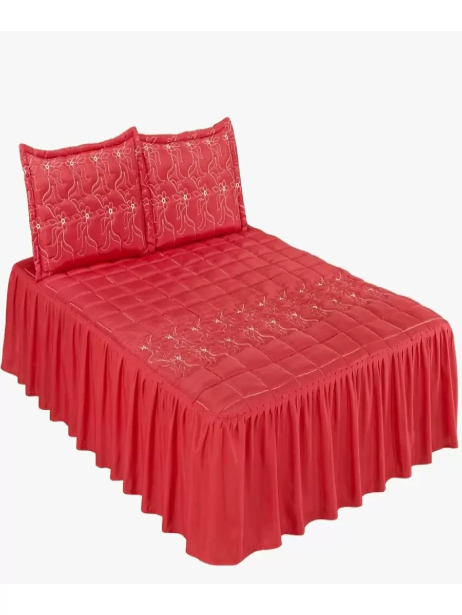 Colcha Casal 3 Peças Bordada Cobre Leito Com Babado Varias Cores - Vermelho - Visão 1