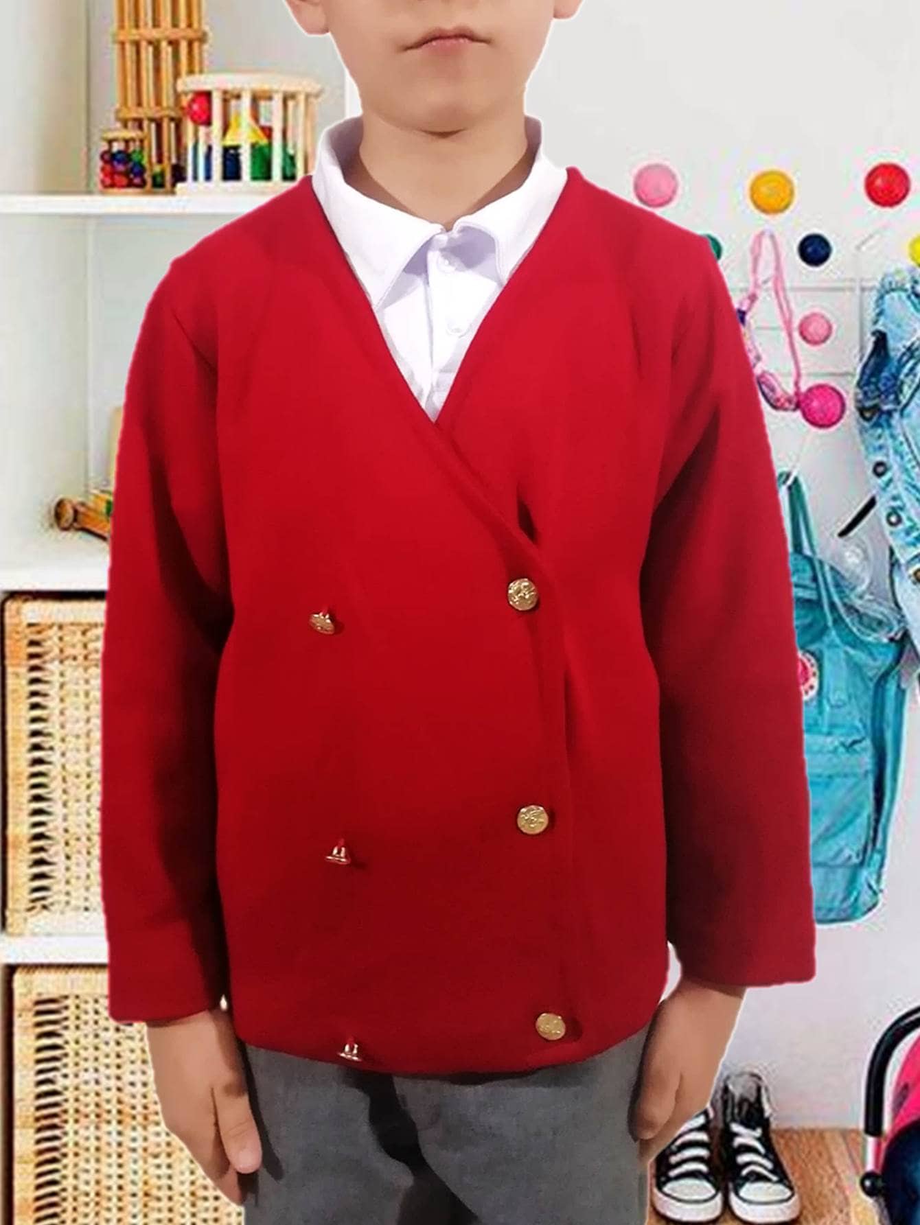 Suéter Cruzado Cuello V Con Botones Uniforme Escolar Para Escolta Punto Roma Tallas Reducidas - Rojo - Ver 1