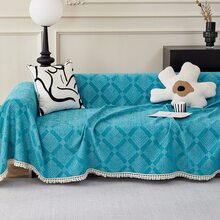 Blue Sofa Cover With White Tassel Design - Blue - View 2