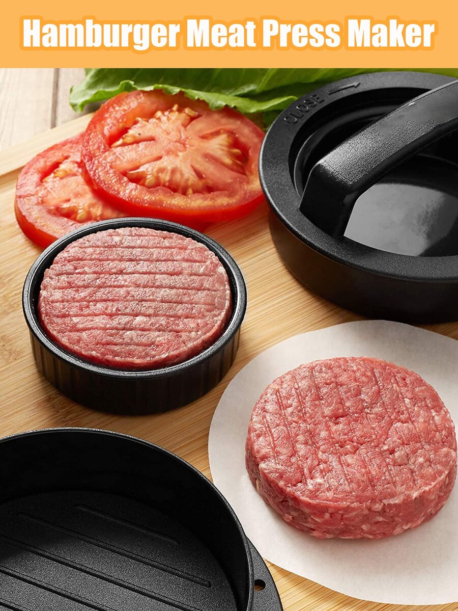 1 pieza tres en uno antiadherente circular carne tarta prensa Molde , hamburguesa carne prensa máquina Molde - Negro - Ver 1