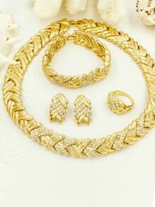 5pcs/Set Fashion 18k Gold Plated Women Jewelry Sets Necklace, Earrings, Ring And Bracelet, Perfect For Bridal Or Wedding - 金色 - 查看 2