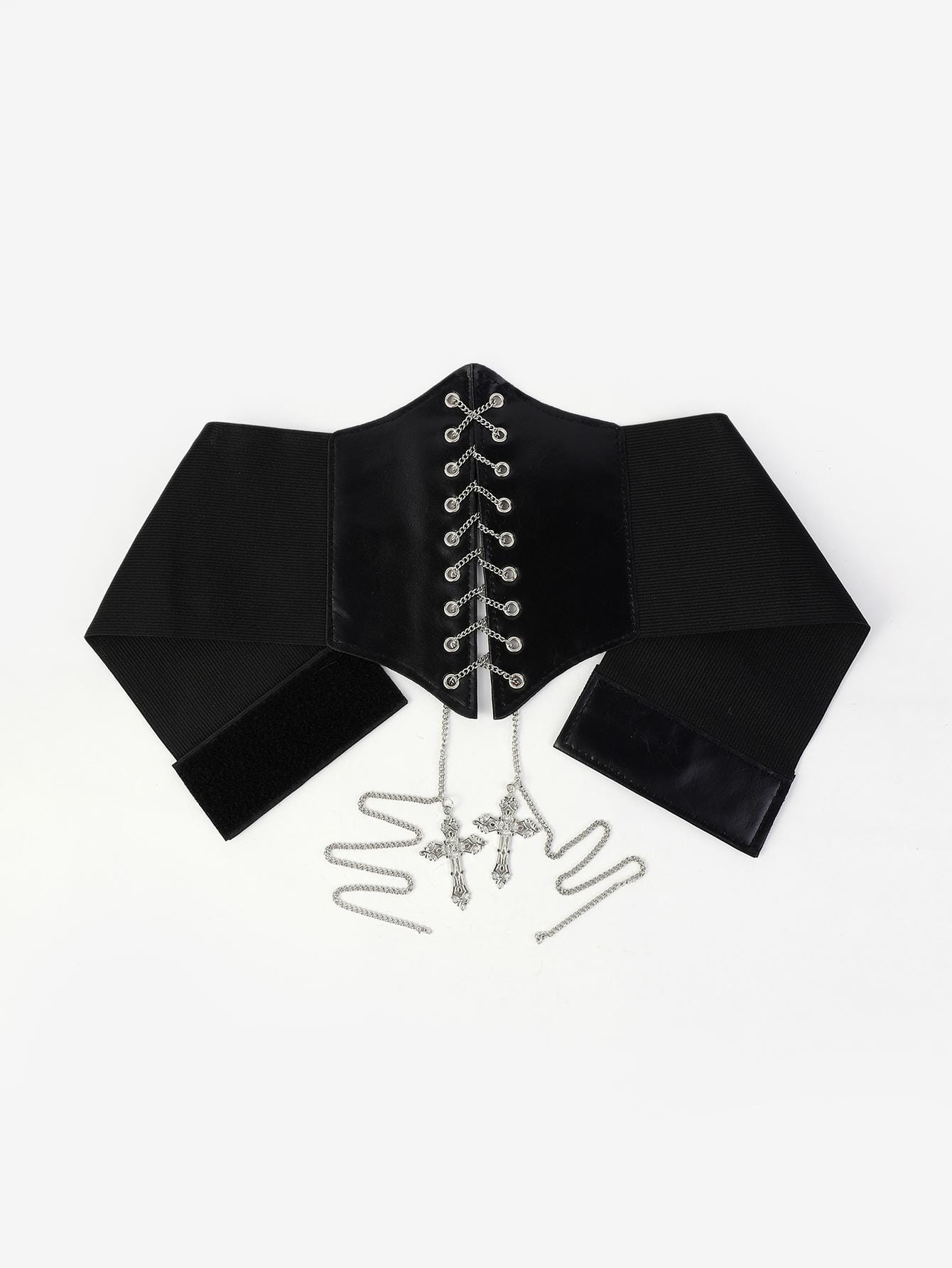 1pc Black Elastic Belt With Cross Chain Waistband, Black Corset