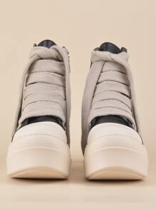 女性厚鞋底鞋帶背帶,設計師高幫運動鞋帶粗鞋帶,時尚防水台黑色運動鞋帶舒服的拉鍊踝靴 - 黑色 - 查看 7