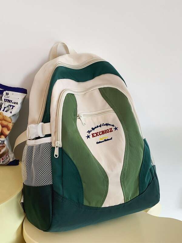 Green Fashion Lightweight Color-Block Letters, Simple Preppy Style Backpack, Street Casual Junior High School Students, Co-Ed Backpack Rucksack Summer School Bag School Backpack School Supplies Holiday Essentials Camping Back To School Beach Bag Beach Laptop Case The Sporty Life Vacation Men Bag Pack Backpacks Travel Must Haves Large Bag Spring