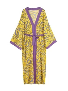 Allover Print Contrast Trim Open Front Kimono Lounge Wear Dress Vacation