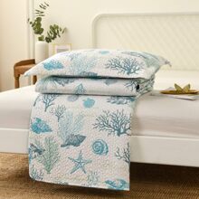 3Pcs Summer Beach Bedspreads Set King Queen Twin Size Lightweight Coastal Ocean Theme Quilts Seashell Conch Coverlet Sets Starfish Seahorse Seaweed Printed Bedding Pillow Shams - Xanh Xanh Trắng - Xem 5