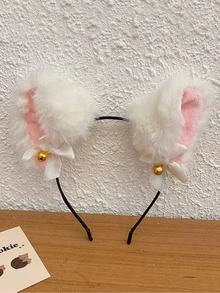 1 Pieza Diadema De Moda Para Mujeres Blancas Con Diseño De Moño, Campana Y Orejas De Gato De Imitación De Piel De Conejo, Adecuada Para Fiestas Y Uso Diario - Blanco - Ver 3