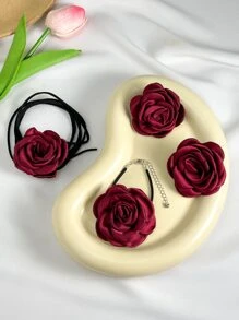 4 件套女士复古哥特式黑玫瑰花朵颈链、缎玫瑰绳项链、手链和耳环首饰套装（配白垫耳塞或透明耳塞，防止针刺破包装袋，以实物为准）情人节 - 酒紅色 - 查看 3