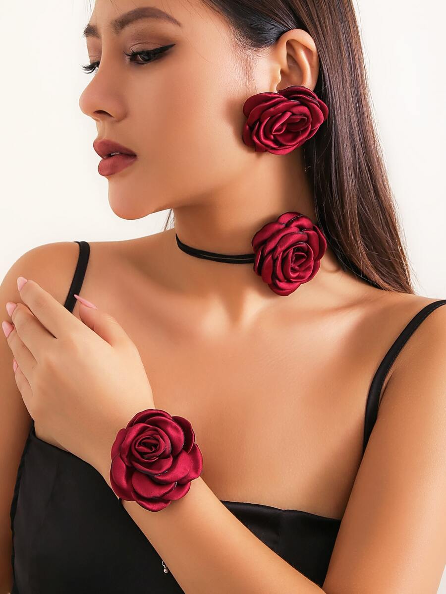 4 件套女士复古哥特式黑玫瑰花朵颈链、缎玫瑰绳项链、手链和耳环首饰套装(配白垫耳塞或透明耳塞,防止针刺破包装袋,以实物为准)情人节 - 酒紅色 - 查看 1