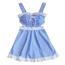 Two Tone Checkered Pattern Swimsuit With Cut-Out Ear Edges & Dress Style - Blue - View 4