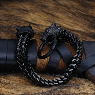 新款男士黑色串珠手链，复古个性化狼头设计，男士珠宝礼品