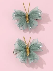 2pcs Girls' Mesh & Rhinestone Butterfly Hair Clips For Everyday Decoration - Multicolor - View 2