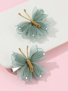 2pcs Girls' Mesh & Rhinestone Butterfly Hair Clips For Everyday Decoration - Multicolor - View 3