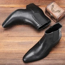 Men's Fashion High-Heeled Boots, Pu Leather, Chelsea Style, British Style - Black - View 1