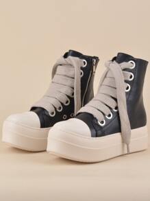 女性厚鞋底鞋帶背帶,設計師高幫運動鞋帶粗鞋帶,時尚防水台黑色運動鞋帶舒服的拉鍊踝靴 - 黑色 - 查看 4