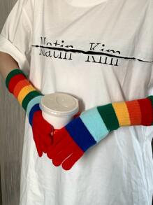 1pair Women's Fashion Rainbow Patterned Gloves, Suitable For Daily Use In Winter - Red - View 1