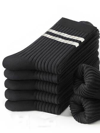 5 雙男式豎條紋中筒襪,情侶款,均碼 35-43,黑色和白色