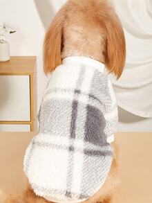寵物衣服秋冬絨面料帽衫灰色格紋貓狗衣暖防寒時尚新款 - 白色 - 查看 3