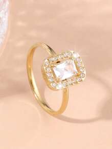 1pc Stainless Steel Gold Square & Round Rhinestone Minimalist Luxury Women Ring - Yellow Gold - View 1