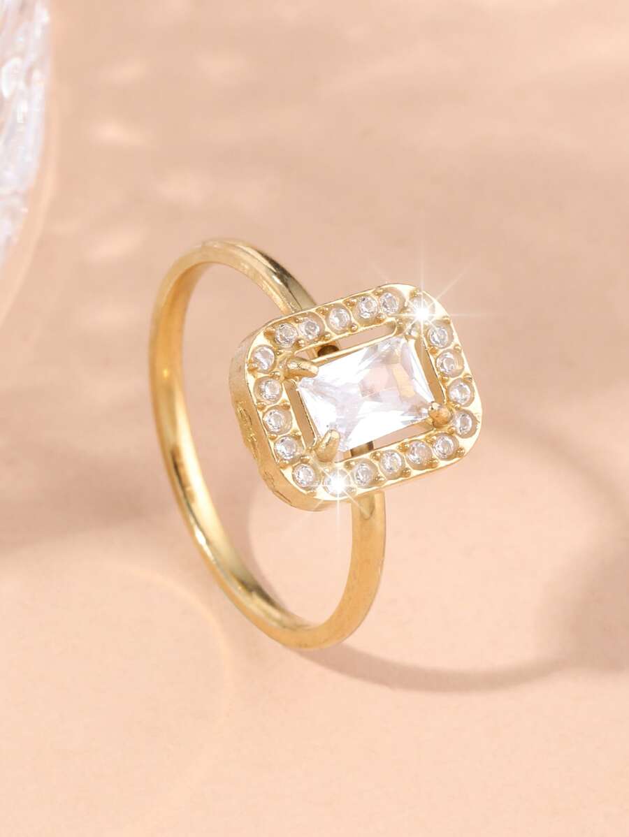 1pc Stainless Steel Gold Square & Round Rhinestone Minimalist Luxury Women Ring - Yellow Gold - View 1
