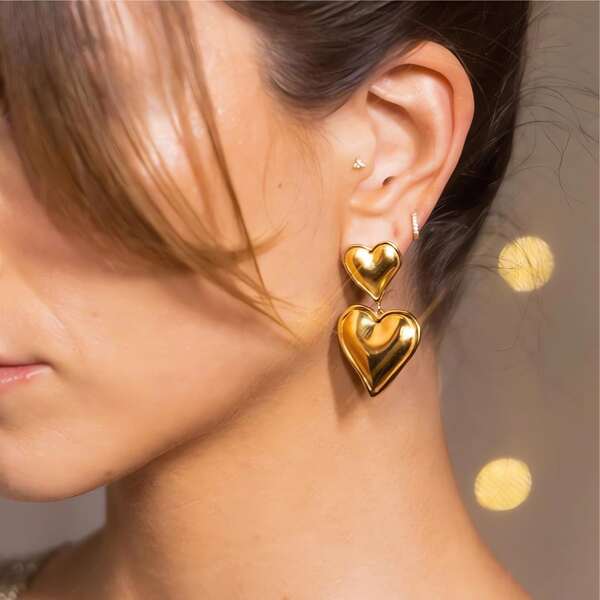 European And American Style Ins Popular Stainless Steel Double Heart Earrings With 18k Gold Plating, Color-Retaining, Fashionable For Women Valentines,Mom,Mother,Mother's Day,Gift