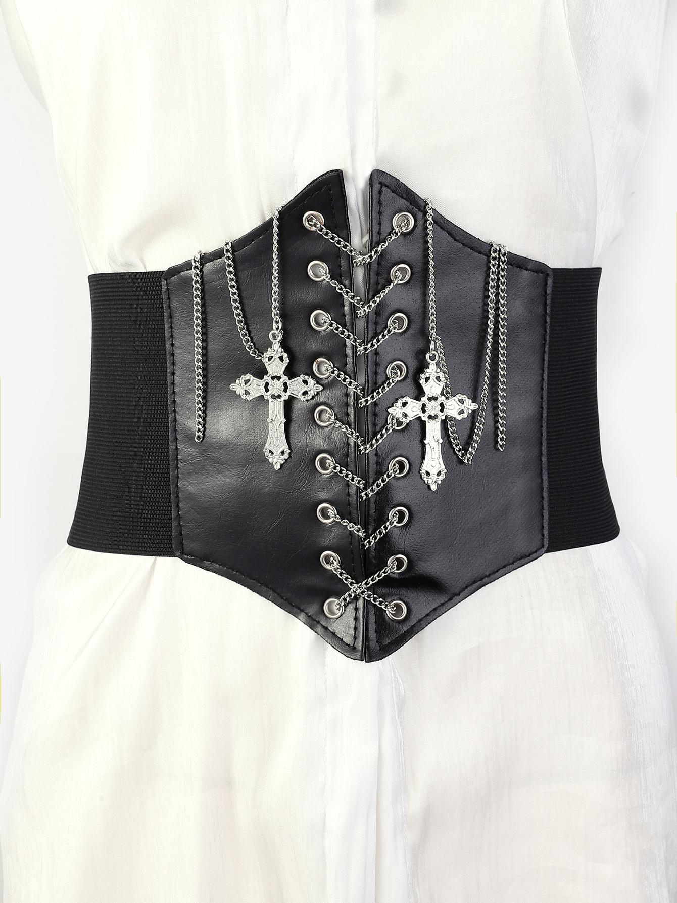 1pc Black Elastic Belt With Cross Chain Waistband, Black Corset