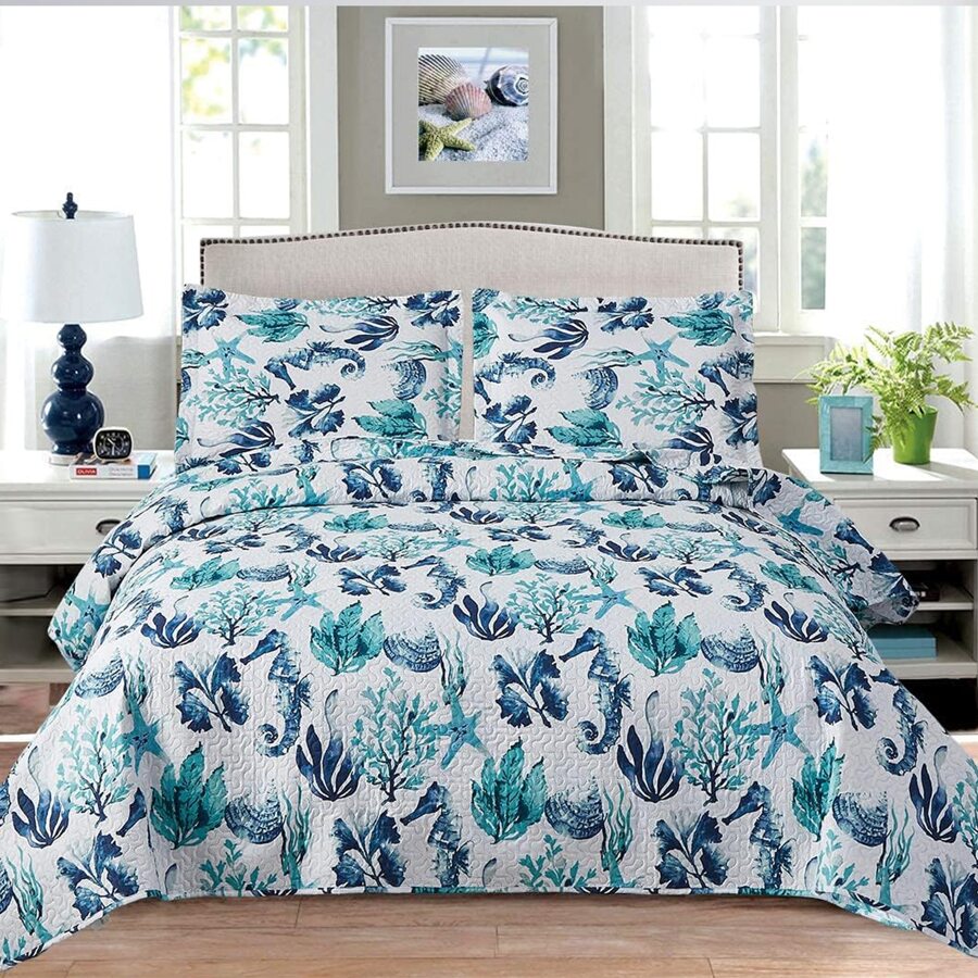 3Pcs Summer Beach Bedspreads Set King Queen Twin Size Lightweight Coastal Ocean Theme Quilts Seashell Conch Coverlet Sets Starfish Seahorse Seaweed Printed Bedding Pillow Shams - 綠色海軍藍 - 查看 1