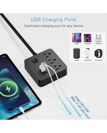 Office Flat Plug Power Strip 5 FT Ultra Thin Extension Cord With 3 Outlets 3 USB Ports - Black - View 5