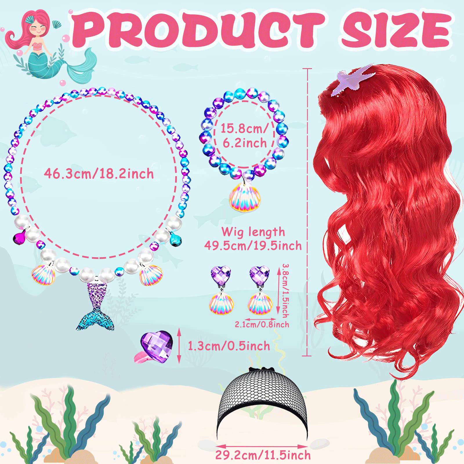 7 件套美人鱼服装套装，公主红色长卷发假发配美人鱼主题珠宝配饰装扮礼物适合儿童女孩角色扮演化妆舞会世界读书日生日派对 - 紅色 - 查看 3