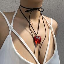蜡线首饰简约个性化大心形吊坠项链情人节、妈妈、母亲、母亲节、礼物 - 紅色 - 查看 2