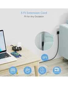 Office Flat Plug Power Strip 5 FT Ultra Thin Extension Cord With 3 Outlets 3 USB Ports - Black - View 6