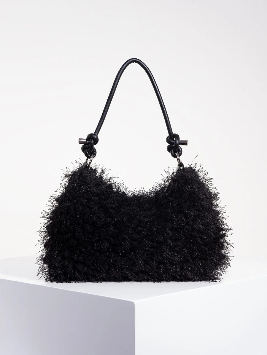 纯色毛绒柔软糖果色斜挎包，Y2K风格女士秋季单肩包，女孩度假旅行包，可爱迷人冬季手拿包，女士秋季百搭单肩包，新款毛绒女包 - 黑色 - 查看 1