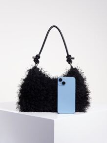 纯色毛绒柔软糖果色斜挎包，Y2K风格女士秋季单肩包，女孩度假旅行包，可爱迷人冬季手拿包，女士秋季百搭单肩包，新款毛绒女包 - 黑色 - 查看 3
