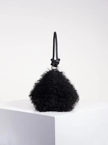 纯色毛绒柔软糖果色斜挎包，Y2K风格女士秋季单肩包，女孩度假旅行包，可爱迷人冬季手拿包，女士秋季百搭单肩包，新款毛绒女包 - 黑色 - 查看 5