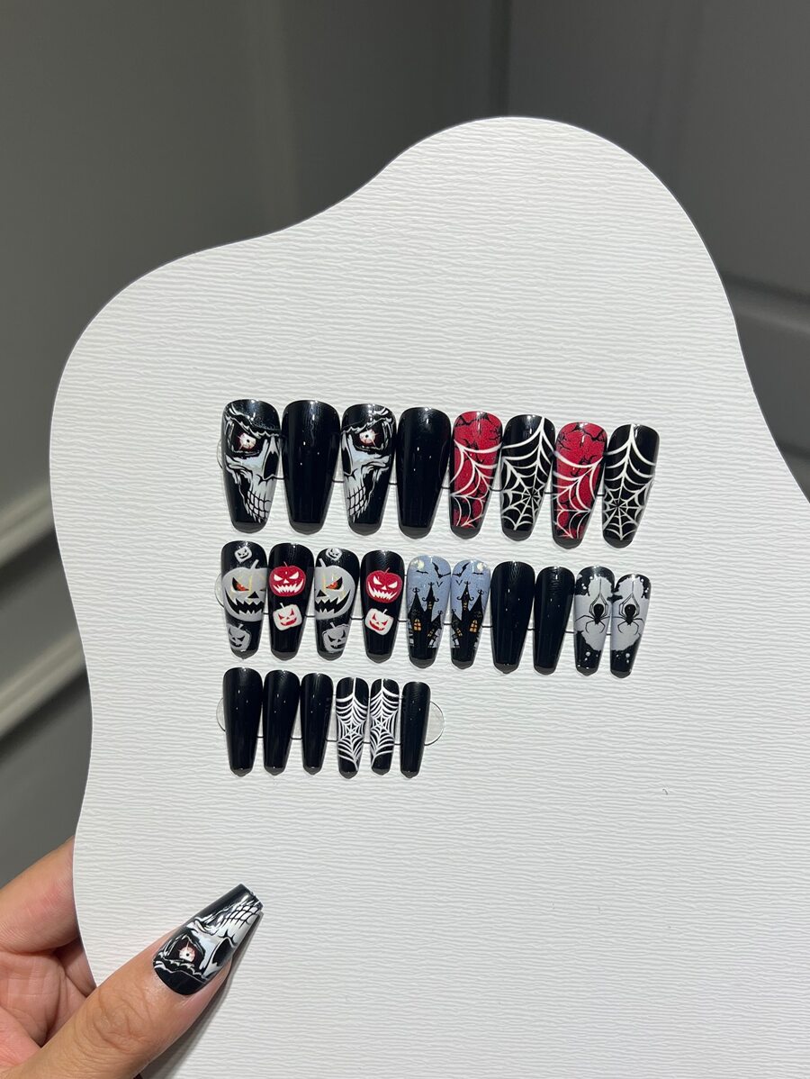 24入組棺材形長款假指甲帶紅色眼睛和南瓜萬聖節主題設計,帶1入組果凍膠水和1入組美甲拋光塊,可拆卸和可重複使用