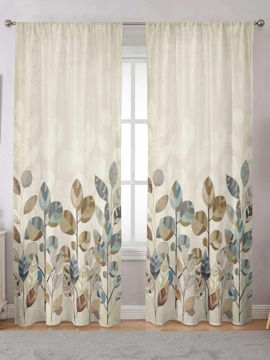 1pc Botanical Floral & Leaf Pattern Printed Window Curtain - Multiple Colors - View 1
